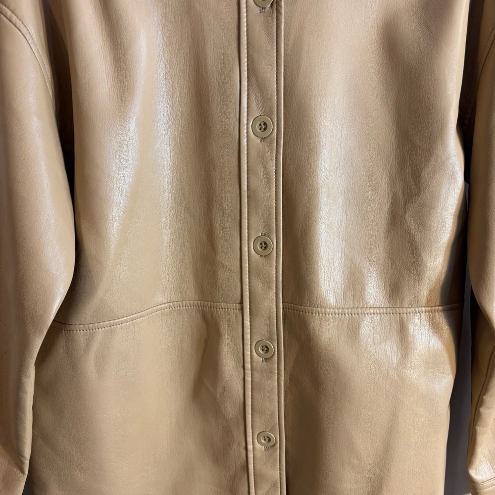 BABATON Sz XS Oversized Faux Leather Shacket Drop Shoulder Patch Pockets Tan - Picture 3 of 9